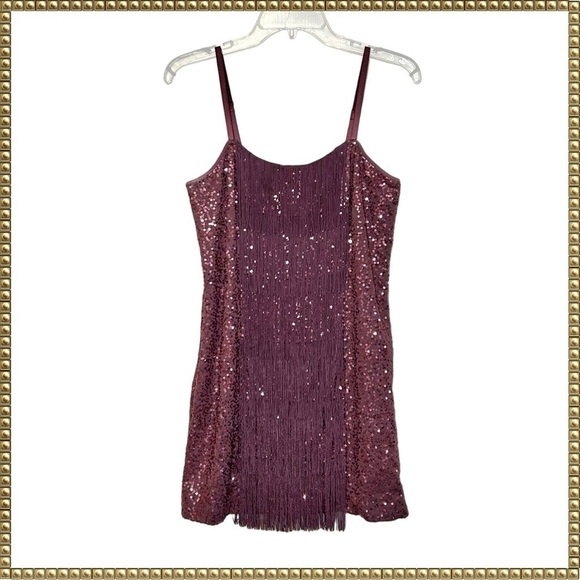 bebe Dresses & Skirts - Bebe Plum Sequin Fringe Mini Dress Medium